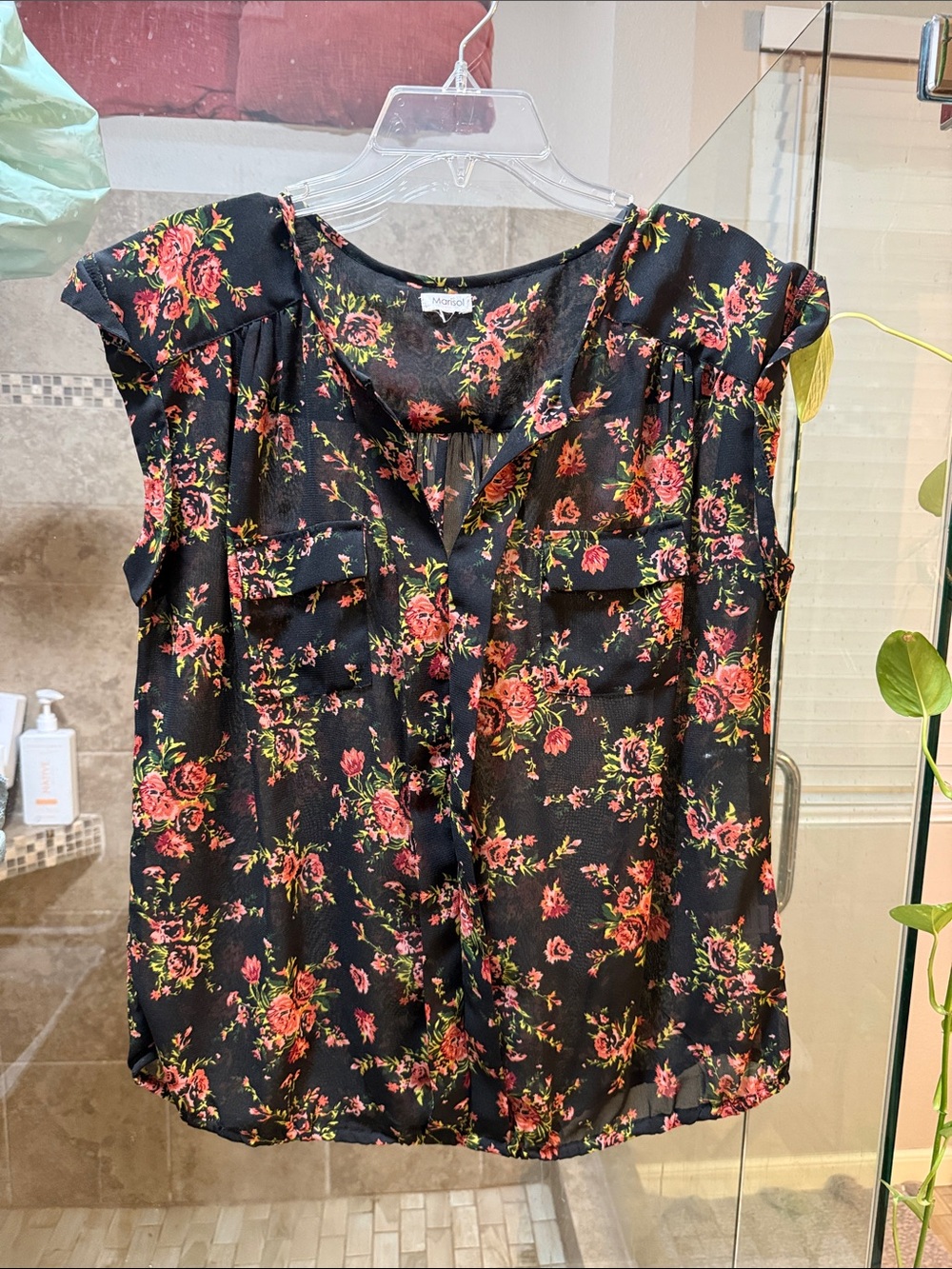 Black Floral V-Neck Cap Sleeve Blouse